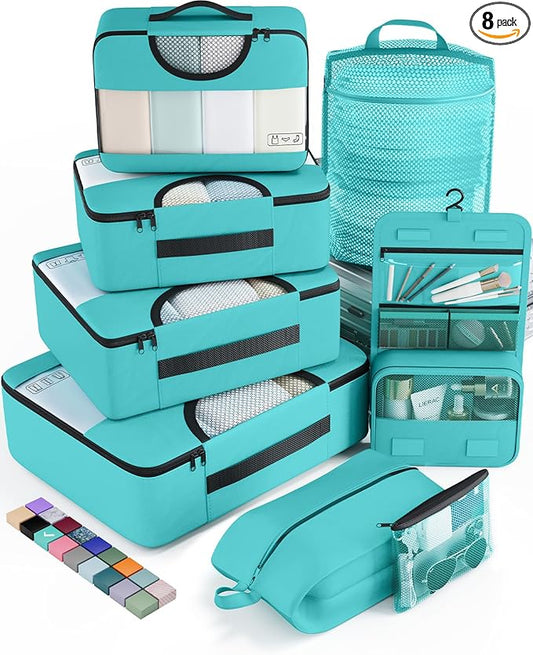 Veken 8 Set Packing Cubes for Travel Essentials, Suitcase Organizer Bags in 4 Sizes, Carry-On Luggage Accessories with Large Laundry & Hanging Toiletry Bag, Must-Have for Airplane, Road Trip & Camping