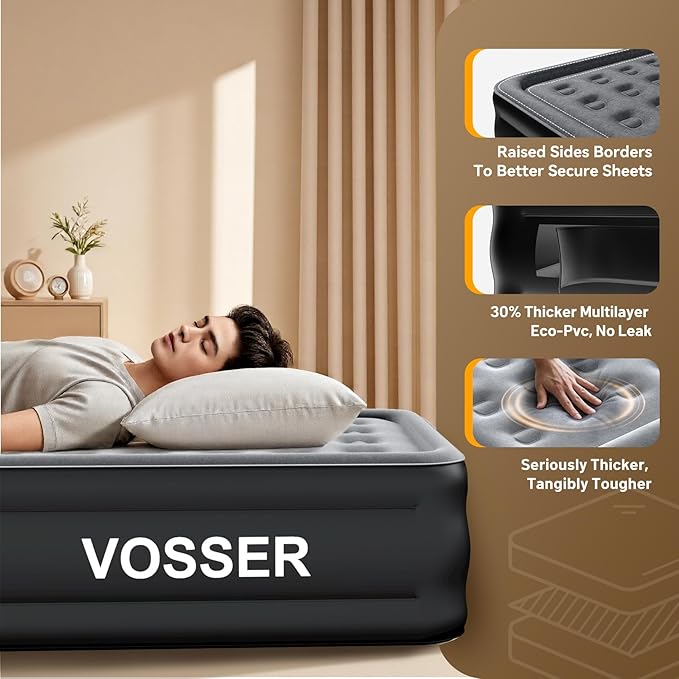 Air Mattress Full with Built in Pump,18’’Raised Blow Up Mattress,Self Inflatable Mattress in 3 Mins,Portable Air Bed for Home,Floor&Travel,Full Size Air Mattress for Adults 660LB Max,Black