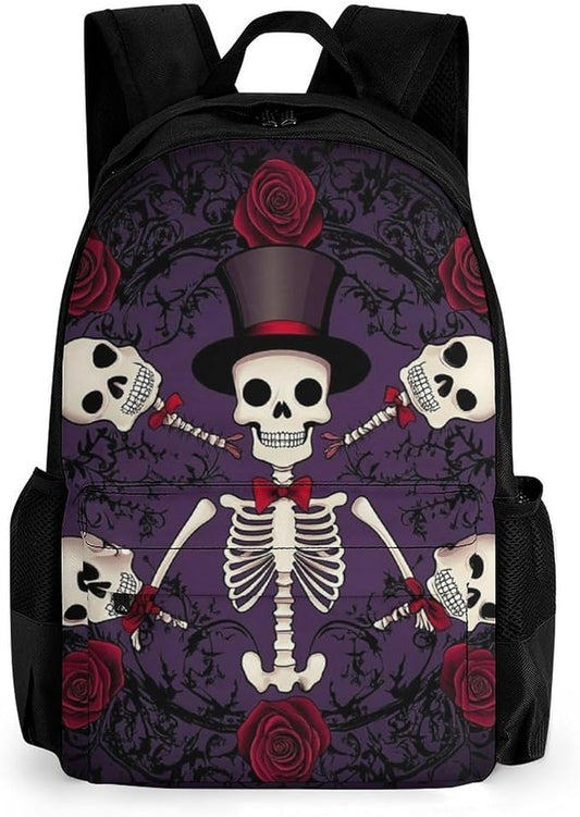 Supdreamc Men Women Polyester Day Of The Dead Red Rose Magic Hat Skeleton Sugar Skulls Daypack Backpack Large Capacity Carry On Bag With Smooth Zippers for Hiking Picnic Walking Cycling