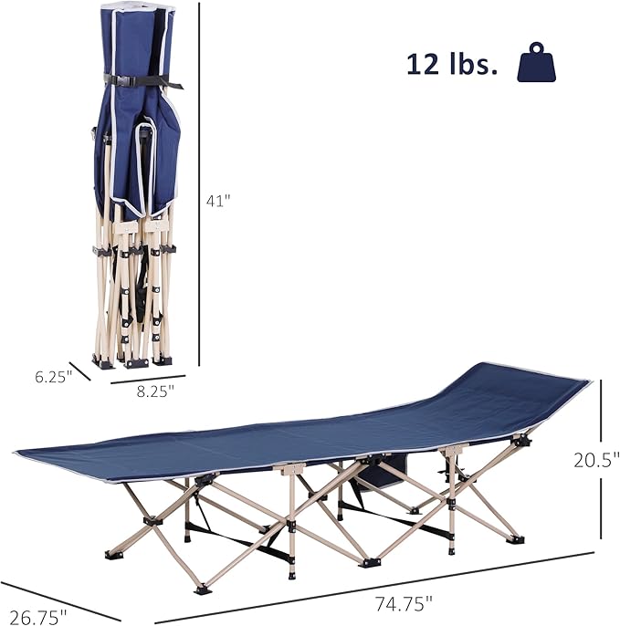 Outsunny Folding Camping Cot for Adults with Carry Bag, Side Pocket, Outdoor Portable Sleeping Bed for Travel, Camp, Vacation, 330 lbs. Capacity, Blue