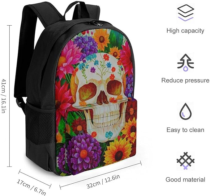 Rucksack Anti-Theft Multipurpose Big Capacity Carry On Bag, Colorful Sugar Skull Floral Traveling Camping Backpack With Side Pockets