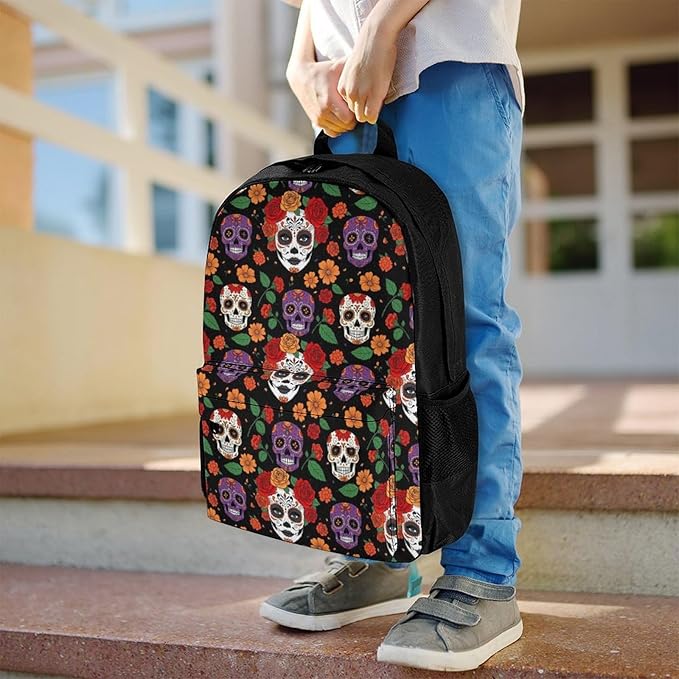 Supdreamc Polyester Daypack Bookbag for Gym Business Bicycle, Large Capacity Multipurpose Anti-Theft Carry On Bag, Day Of Dead Halloween Sugar Skulls Roses Travel Hiking Daypack