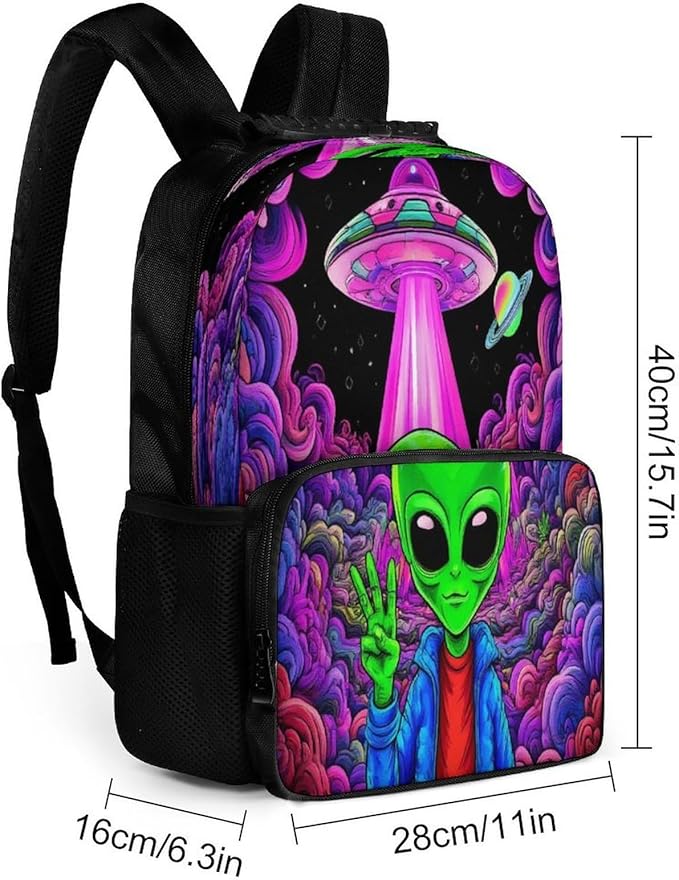 Men Women Polyester Trippy Space Alien Marijuanaweed Art Daypack Big Capacity Shoulder Bag With Smooth Zippers for Hiking Work Walking Cycling