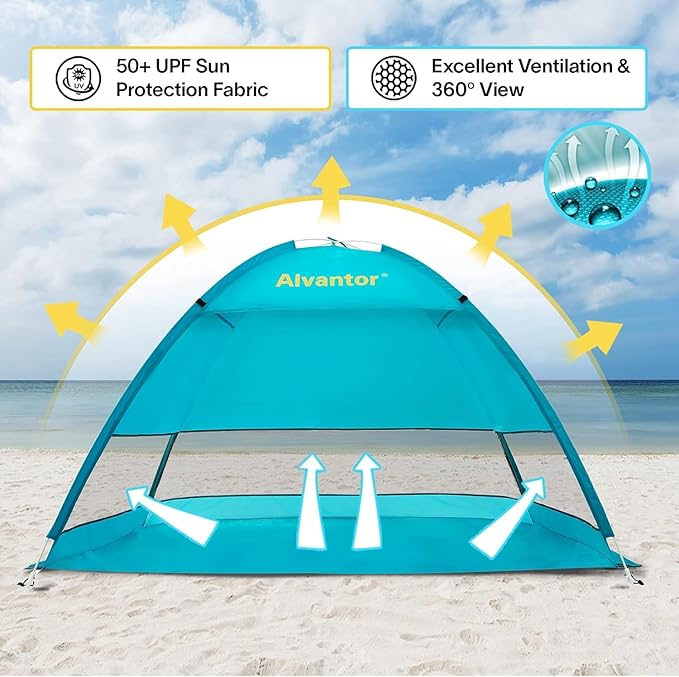 Alvantor® Beach Tent Beach Umbrella Outdoor Sun Shelter Cabana Automatic Instant Pop-Up UPF 50+ Portable Beach Shade Camping Fishing Hiking Canopy Easy Set Up Light Weight Windproof for 2-3 Person