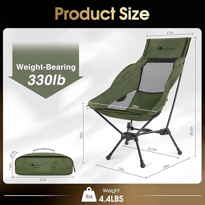 MOON LENCE High Back Folding Camping Chair, 330lbs Portable Compact Chair with Wide Seat & Ergonomic Back Support (Green)