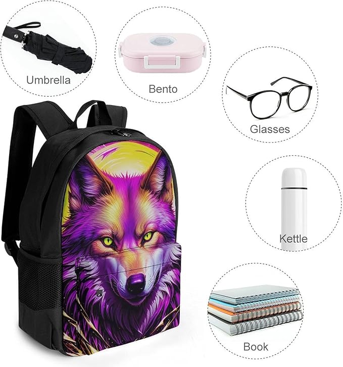 Supdreamc Lightweight Rucksacks for Climbing Outdoors Walking Cycling, Large Capacity Anti-Theft Multipurpose Carry On Bag, Cool Red And Yellow Light Wolf Art Camping Outdoor Backpack