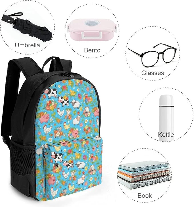Polyester Daypack for Camping Travel Walking Cycling, Big Capacity Anti-Theft Multipurpose Bookbag, Farm Animals Cow Sheep Goat Chick Floral Camping Outdoor Backpack