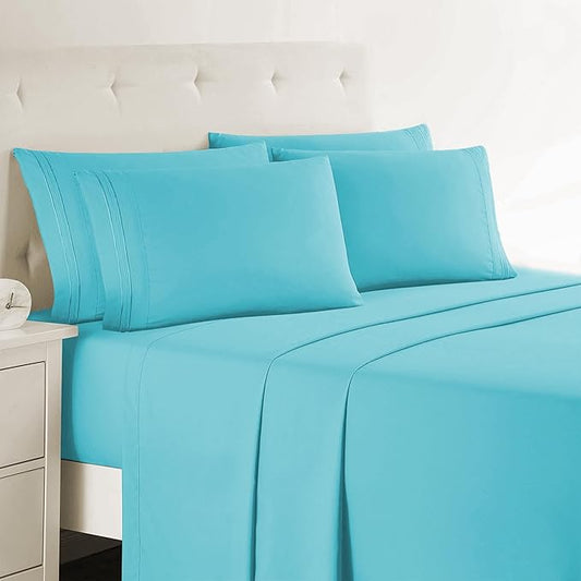 Clara Clark Cal King Sheets, 6 Piece Set - Hotel Luxury Sheets for Cal King Size Bed, Super Soft Bedding Set, Cal King Size, Beach Blue