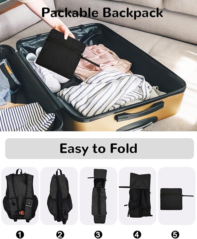 Folding Hiking Backpack with Phone Pocket for Men Women, Small Ultralight Packable Casual Daypack with Shoulder Chest Straps for Travel, 15L Foldable Lighweight Day Pack, Black