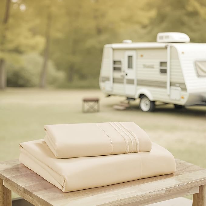 Camping Sheets Twin Size - Outdoor Air Mattress Sheet Set – Built-in Corner Straps for Air Mattress & Camping Use – Designed for Inflatable Beds & Tailgate Sleepovers, Beige