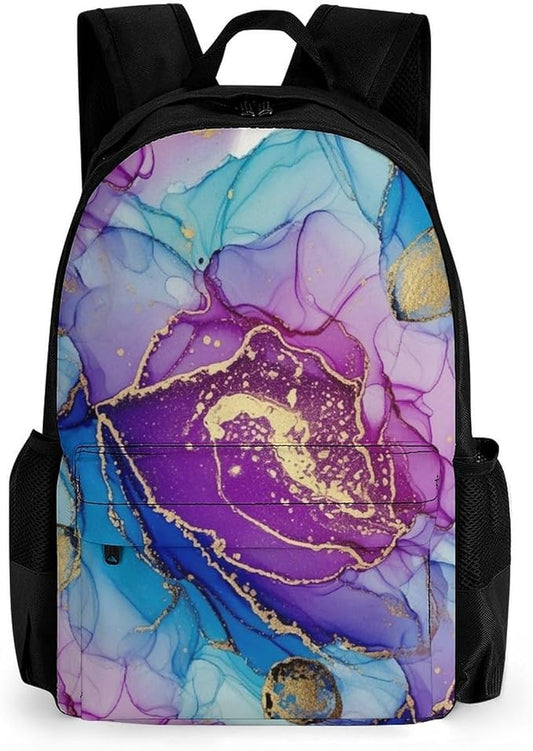 Polyester Daypack Backpack for Trekking Picnic Walking Cycling, Large Capacity Anti-Theft Multipurpose Shoulder Bag, Purple Gold Marble Casual Daypack