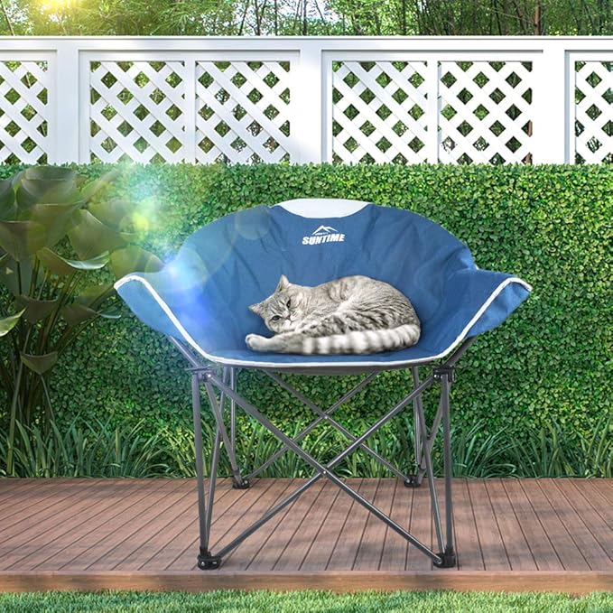 OUTDOOR LIVING SUNTIME Oversized Padded Camping Chair,Portable Comfy Outdoor Folding Moon Round Saucer Chairs for Adults with Holder and Carry Bag, Perfect for Hiking Lawn Patio Sports（Blue 2 Pack）
