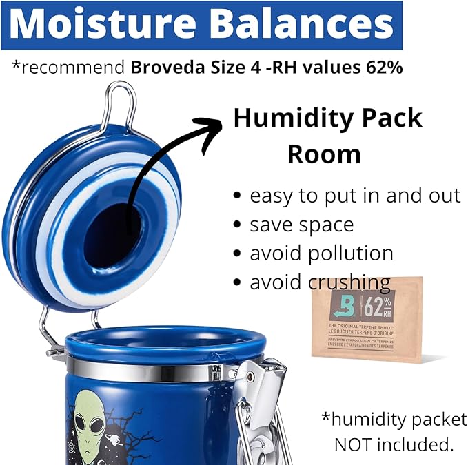 Alien Smell Proof Jar Half Oz (250ml), Separate Space for Humidity Pack To Keep Herbs Fresh For Months - Ceramic Smell Proof Containers, ET Stash Jar with Clamp Lid - Double Sealed Airtight Jar - Blue