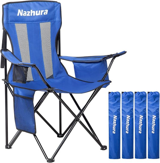 Nazhura 4 Pack Outdoor Camping Chairs Folding/Foldable/Portable with Cooler Pouch, Mesh Backrest and Cup Holder Pocket(Blue, 4 Pack)
