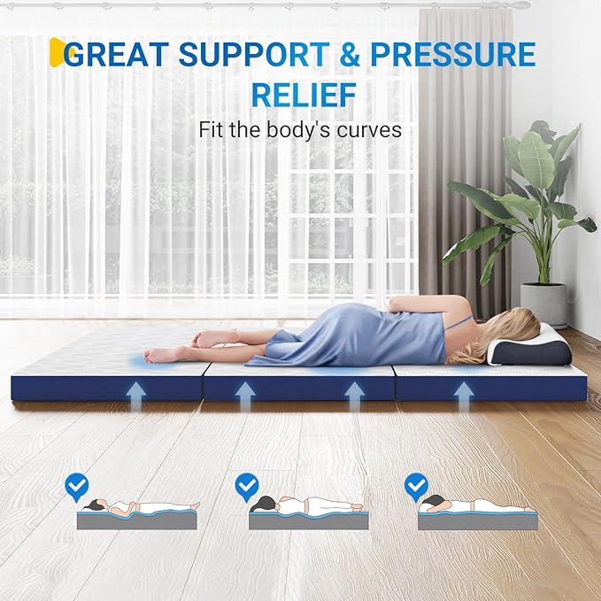 Avenco Trifold Mattress, 4 Inch Folding Mattress Queen Size, Memory Foam Foldable with Removable Cover & Detachable for Floor Bed, Camping, Guest