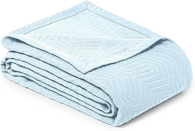 Threadmill Luxury Cotton Blankets for Twin Size Bed | All-Season 100% Cotton Twin Blanket for Bed | Aster Jacquard Lightweight, Soft & Cozy Coverlet, 350GSM, 68 x 90 inches | Light Blue