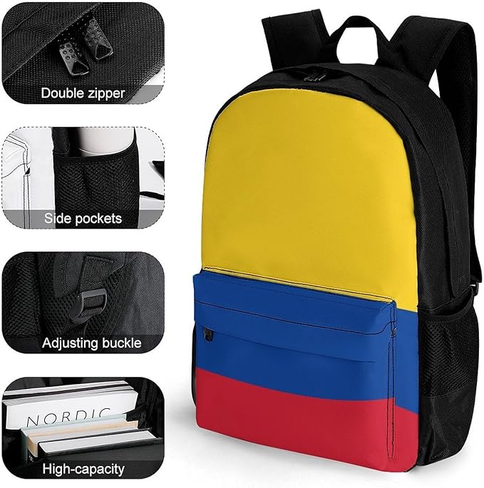 Daypack Anti-Theft Multipurpose Large Capacity Shoulder Bag, Colombia Flag Travel Hiking Camping Rucksack With Smooth Zippers