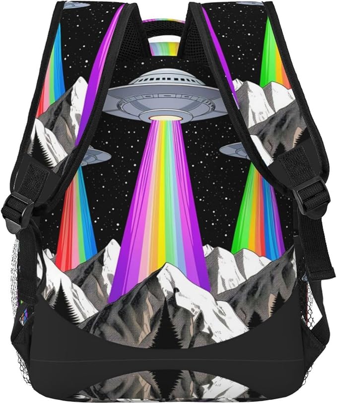 Men Women Lightweight Rainbow Ufo Gay Pride Art Daypack Bookbag Big Capacity Carry On Bag With Side Pockets for Camping Travel Bicycle