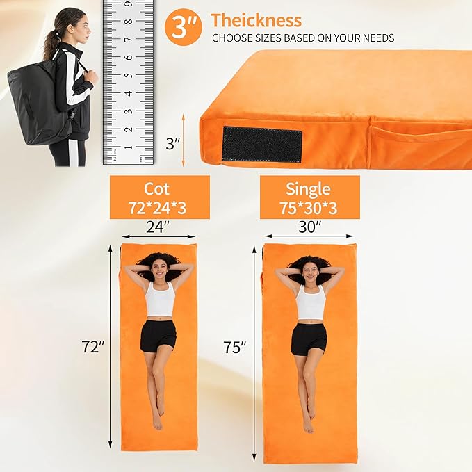 3 Inch Memory Foam Camping Mattress Pad, Dual Layer Thick Sleeping Camp Mat for Sleepover Car Tent, Portable Roll Up Mattress for Adults with Travel Bag