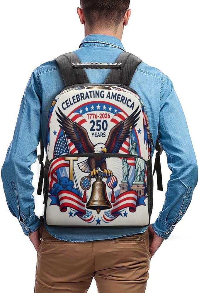 Men Women Polyester 250th Anniversary Freedom Eagle Art Casual Daypack Large Capacity Carry On Bag With Adjustable Shoulder Straps for Camping Work Running