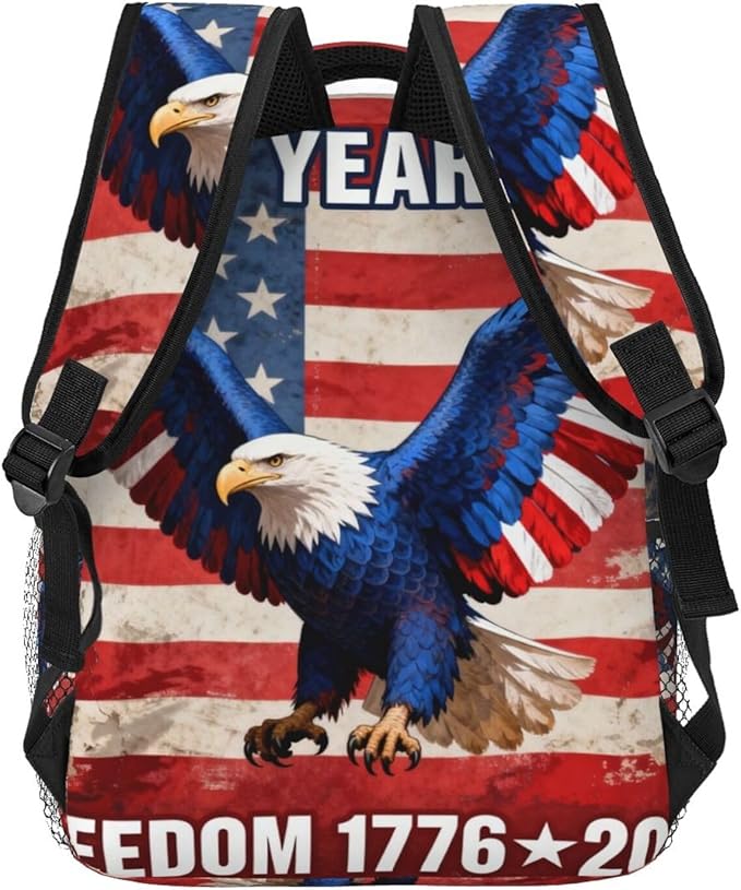 Women Men Polyester 250th Anniversary 1776-2026 Patriotic Eagle Art Casual Daypack Large Capacity Bookbag With Side Pockets for Sports Picnic Walking Cycling