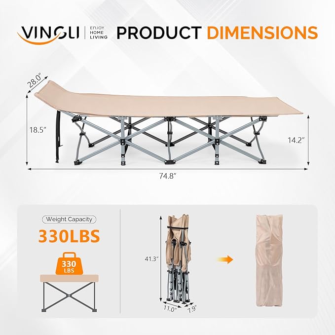 VINGLI Folding Camping Cot Bed,Camping Cots for Adults with Mattress, Foldable Cots for Sleeping with Pillow 1200D Layer Oxford for for Guest,Travel,Hiking-Brown 1P