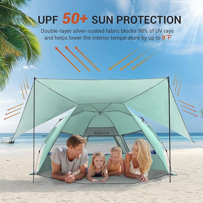 Elegear CumbreX™ Beach Tent with 360° Removable Canopy, 4-6 Person Pop Up Sun Shade Shelter, UPF 50+ Automated Installation Double Silver Coating Portable Lightweight Beach Cabana for Outdoor - Green