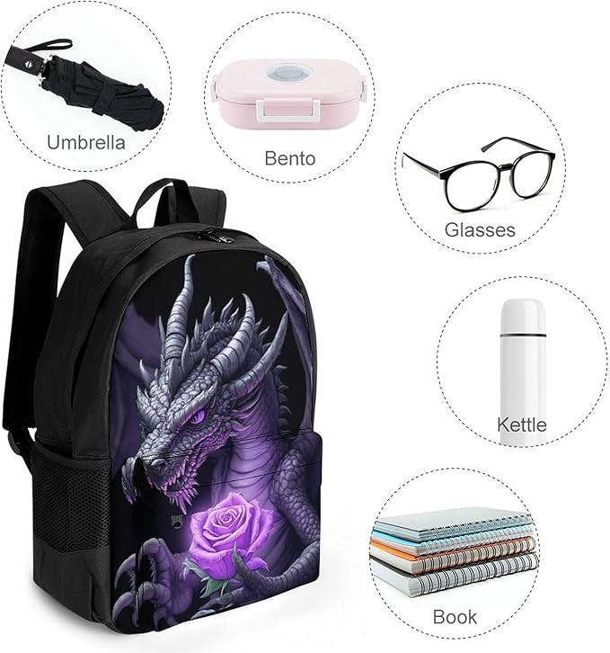 Lightweight Backpack for Gym Travel Bicycle, Big Capacity Multipurpose Anti-Theft Carry On Bag, Cool Dragon Purple Rose Black Travel Hiking Bag Day Pack