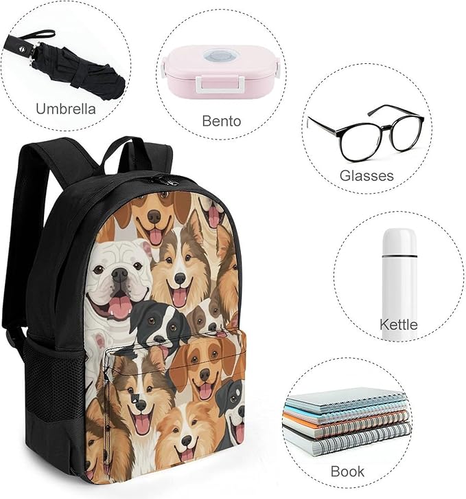 Women Men Polyester Husky Golden Retriever Tibetan Mastiff Dog Painting Casual Daypack Large Capacity Bookbag With Side Pockets for Sports Picnic Walking Cycling