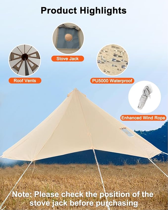 Bell Tent Rain Cover Protector with Stove Jack and Roof Vents for Camping,Waterproof,PU5000,Glamping Bell Tent Rain Fly with Stove Jack,4 Season,(Beige, for 13ft(4m) Size)