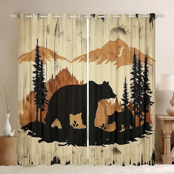 jejeloiu Rustic Wood Bear Pattern Curtains for Bedroom Living Room Bear Silhouette Mountain 30%-50% Blackout Shades Pine Tree Room Darkening Curtain Wildlife Window Treatments, 2 Panels 52 x 63 Inch