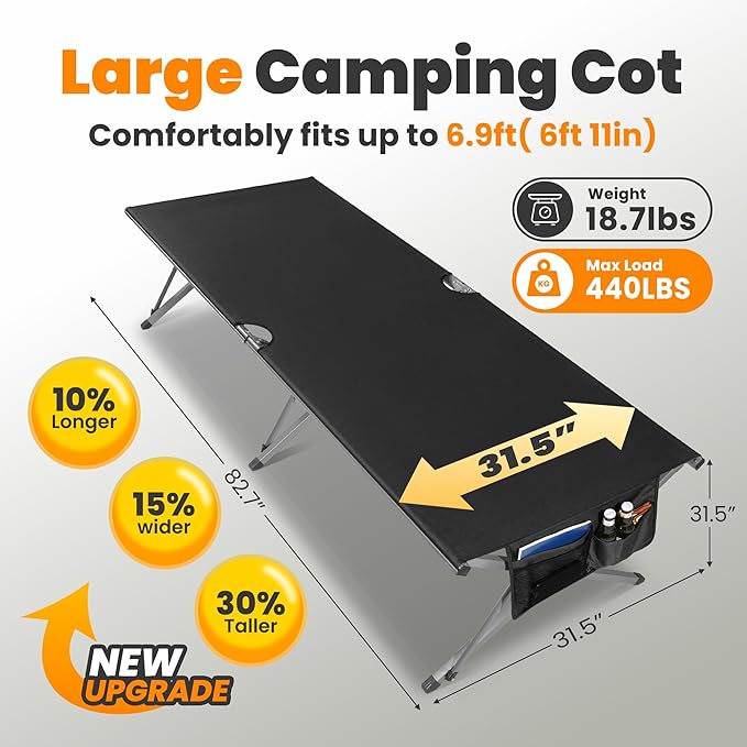 Oversized Camping Cot Foldable for Adults - Upgraded Version Easy-to-Assemble Sleeping Cots for Outdoor, Supports Campers up to 6.9ft or 450lbs, with Storage Bag, 82” L x 32” W (Black)