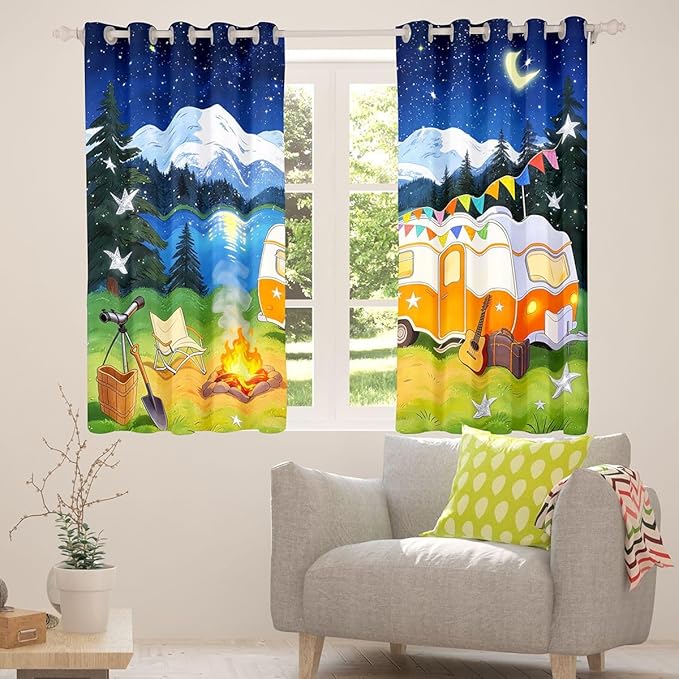 jejeloiu RV Camping Blackout Curtains Cartoon Camping Car Darkening Drapes for Bedroom Room Decor Campfire Thermal Insulated Shades Farmhouse Trailers Camper, 2 Panels 38 x 45 Inch