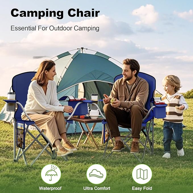 Folding Camping Chairs Durable 600D Oxford, Portable Outdoor Chair with Cooler Pouch, Cup Holder & Storage Pocket for Camping, Beach, Fishing