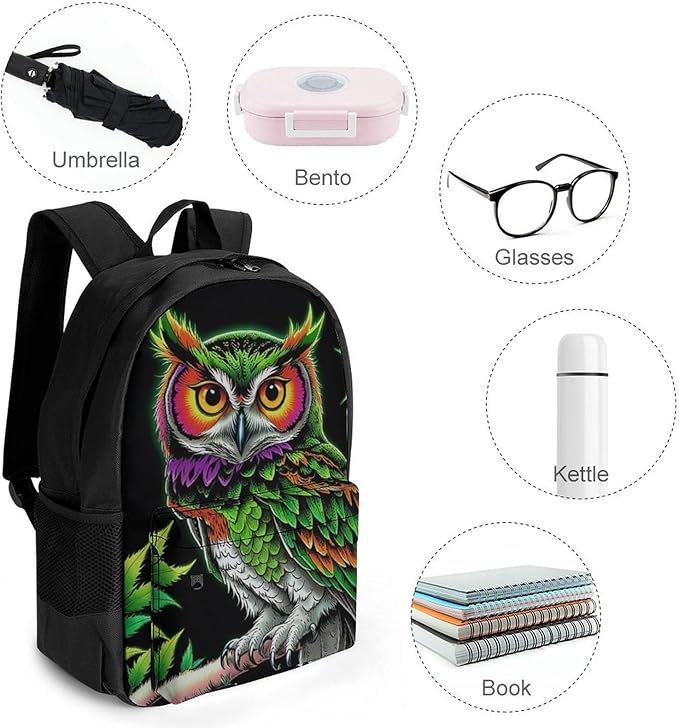 Men Women Lightweight Owl Green Weedleaf Art Casual Daypack Large Capacity Bookbag With Adjustable Shoulder Straps for Gym Business Bicycle