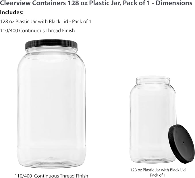 128 Ounce Plastic Gallon Jar with 110/400 Black Leak Proof Seal Lid - Food Grade and BPA Free (128oz, 1pk, BLK)