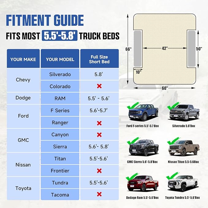 Truck Bed Air Mattress, Full Size Truck Beds, Inflatable Air Mattress Bed with Air Pump 2 Pillows, Carry Bag, Pickup Bed Air Mattress for Chevrolet Silverado, Dodge Ram, Ford, Black