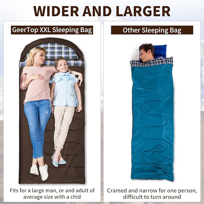 GEERTOP Flannel Sleeping Bags for Adults Big & Tall People Portable Cold Weather Envelope XXL All Seasons Camping Sleeping Bag
