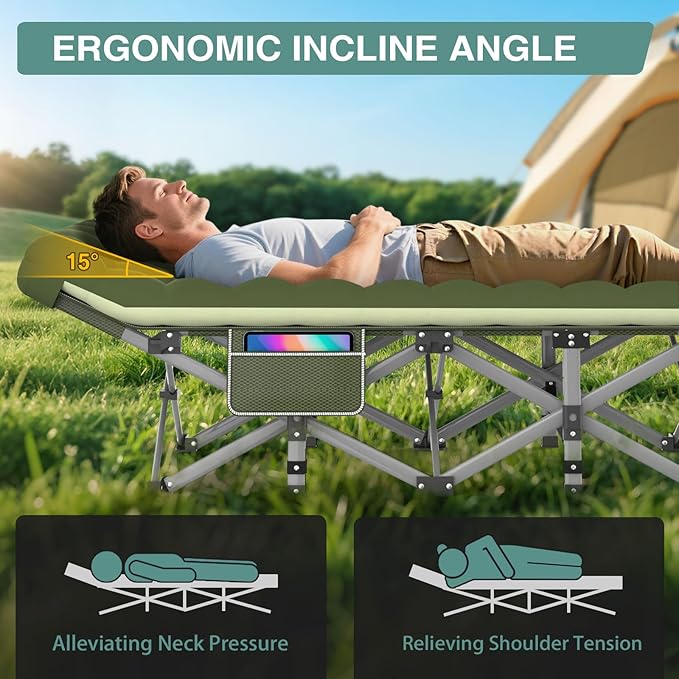 ZENPETIO Camping Cot for Adults - Heavy-Duty Cot Bed with Mattress, Portable Sleeping Cots for Outdoor Indoor, 1200D Oxford Folding Cots for Home Travel, Max load 500LBS, Fits People up to 6'3", Green