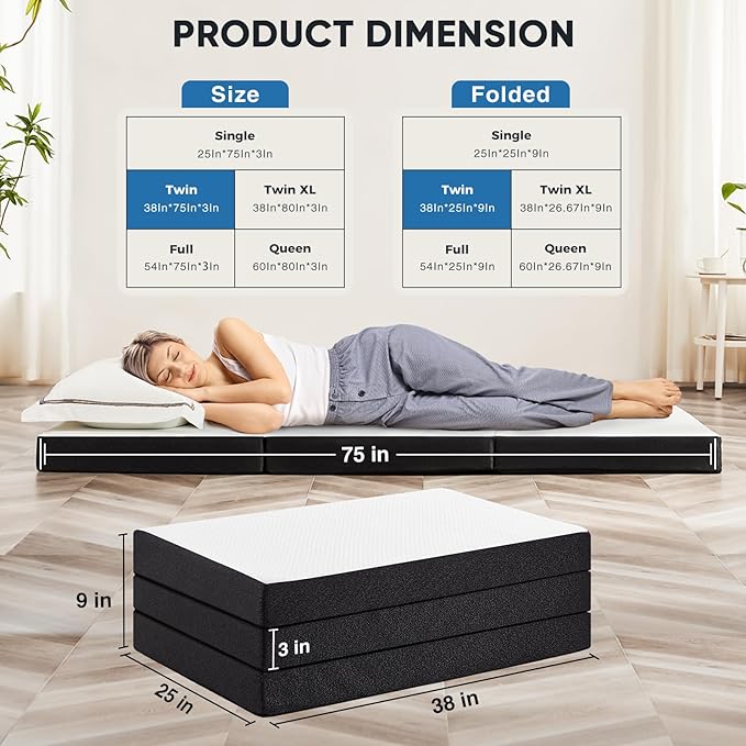 OLIXIS Tri-fold Memory Foam Mattress - 3 Inch Twin Size Portable Floor Bed, Foldable Mat for Kids and Adults, Collapsible and Washable Cover with CertiPUR-US Certified, for Travel & Camping & Yoga