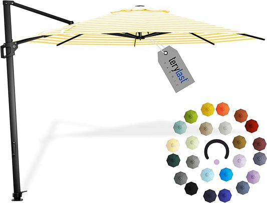Midtown Umbrellas 10 Ft Outdoor Cantilever Patio Umbrella w/Terylast Yellow Stripes Fabric - Tilt 360° Offset Patio Umbrella, Deck Patio Umbrella, Backyard Umbrella & Garden Umbrella - Black Frame