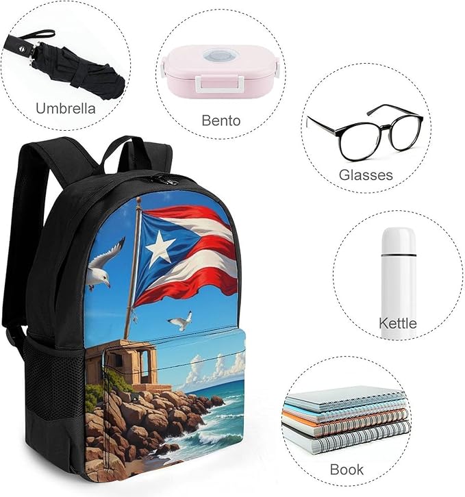Lightweight Daypack Bookbag for Trekking Business Walking Cycling, Big Capacity Anti-Theft Multipurpose Carry On Bag, Puerto Rico Flag Business Computer Bag