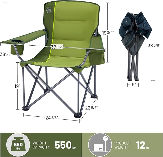 TIMBER RIDGE Oversized Folding Camping Chair for Adults, Support 550 LBS Heavy Duty with Cup Holder Side Pocket for Camp, Lawn, Picnic, Green, 2 Pack