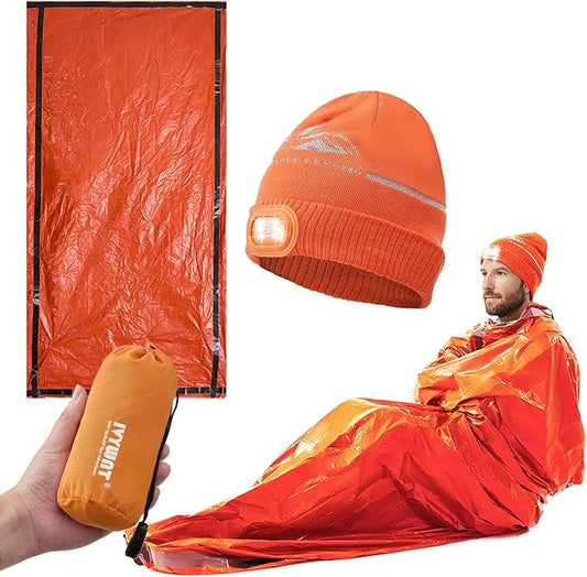 Emergency Sleeping Bag & LED Beanie Kit - Portable Bivy Sack Blanket, Winter Warm Knitted Hat with Light, Waterproof Survival Gear for Camping Hiking Adventure