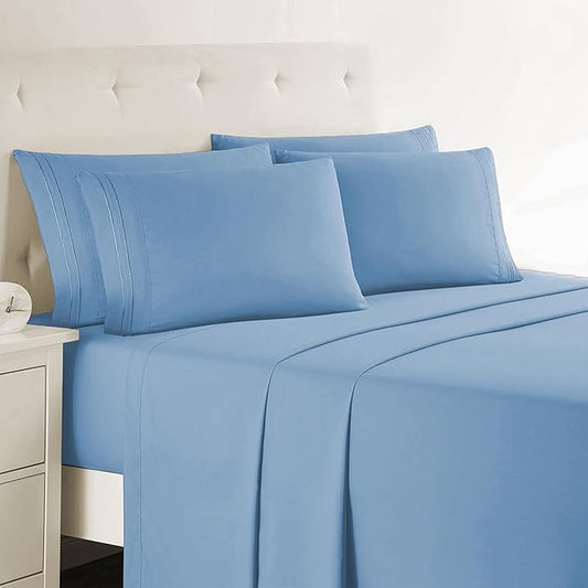 Clara Clark Cal King Sheets, 6 Piece Set - Hotel Luxury Sheets for Cal King Size Bed, Super Soft Bedding Set, Cal King Size, Blue Heaven