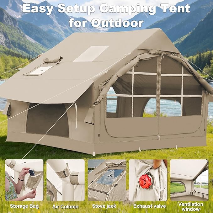 Inflatable Camping Tent,2/4/6/8 Person Glamping Inflatable Tents with Awning, Quick Setup Blow Up Tents with Pump, Waterproof Oxford Inflatable House for Camping, Air Glamping Hot Tents for Adult