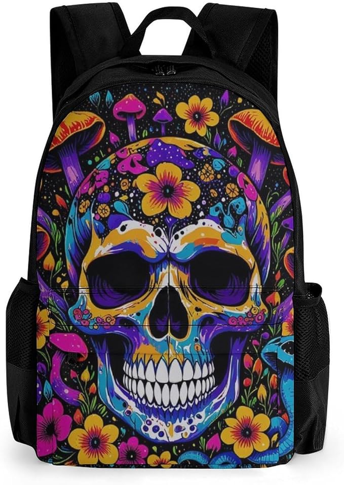 Lightweight Daypack Backpack for Trekking Work Running, Big Capacity Multipurpose Anti-Theft Bookbag, Trippy Skull Head Mushroom Art Business Computer Bag