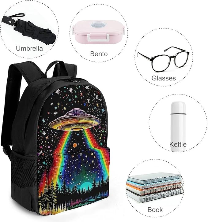 Supdreamc Men Women Polyester Trippy Space Ufo Boat Art Daypack Backpack Large Capacity Carry On Bag With Smooth Zippers for Hiking Picnic Walking Cycling