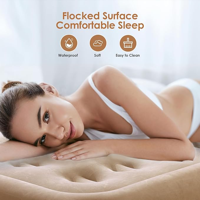 Air Mattress Queen with Built in Pump, 18'' Luxury Inflatable Mattress, 3 Min Fast Blow up Mattress with Dual-Chamber, Comfort Top - Velvety Air Bed for Home, Camping, Travel, Guests, White + Khaki