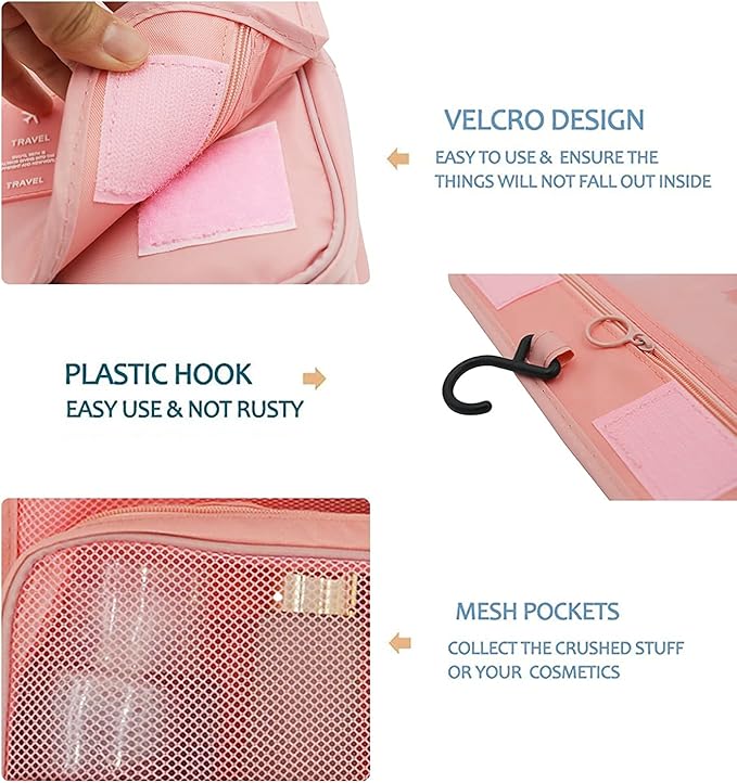Trawila Travel Hanging Toiletry Bag Cosmetic Bag Makeup Organizers for Men & Women with Sturdy Hook (Pink)